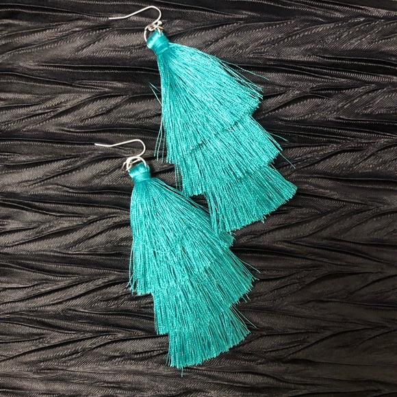 Bohemian Style Tassel Long Earrings in Emerald/Turquoise Green - Picture 1 of 3